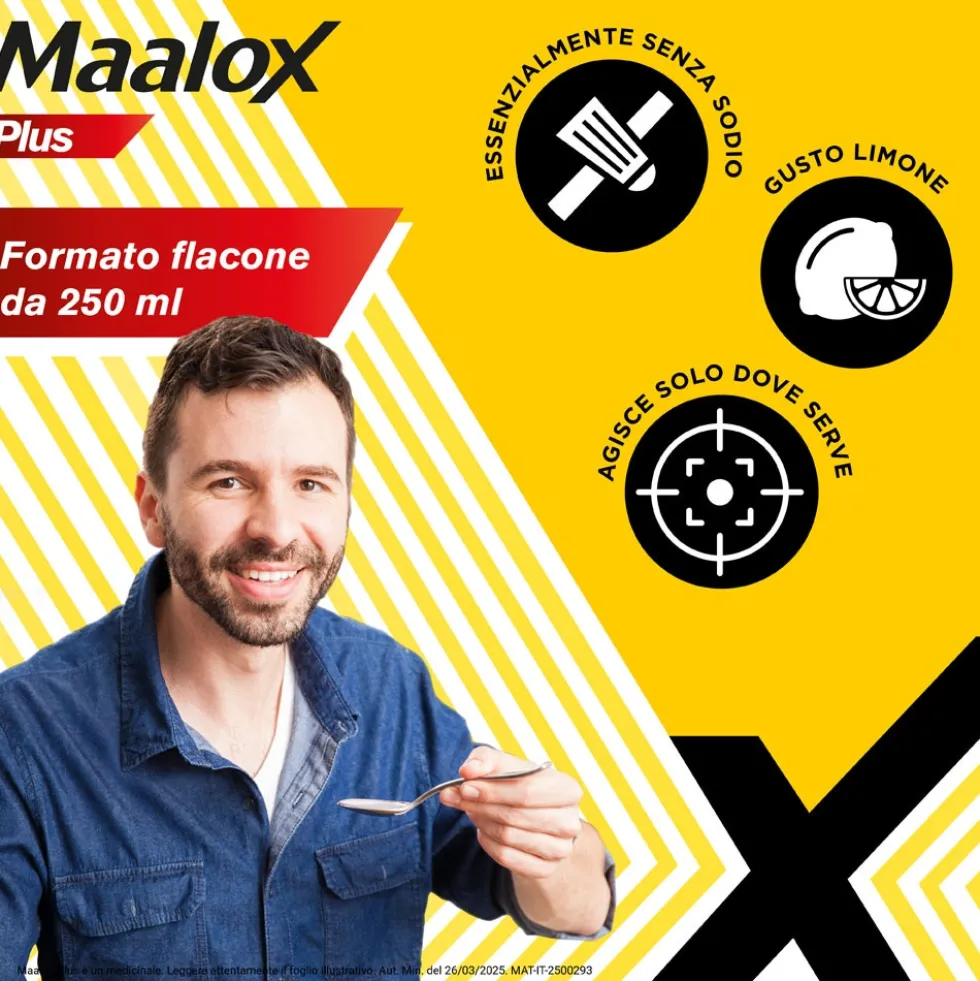 Maalox Plus 4% + 3,5% + 0,5% Sospensione Orale Aroma Limone Trattamento Iperacidità Bruciore e Dolore Gastro-Intestinale, 250ml