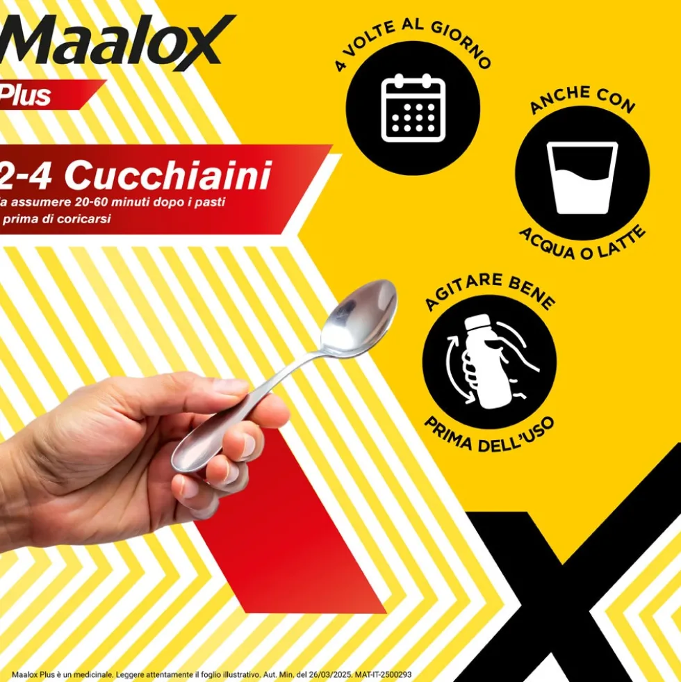 Maalox Plus 4% + 3,5% + 0,5% Sospensione Orale Aroma Limone Trattamento Iperacidità Bruciore e Dolore Gastro-Intestinale, 250ml
