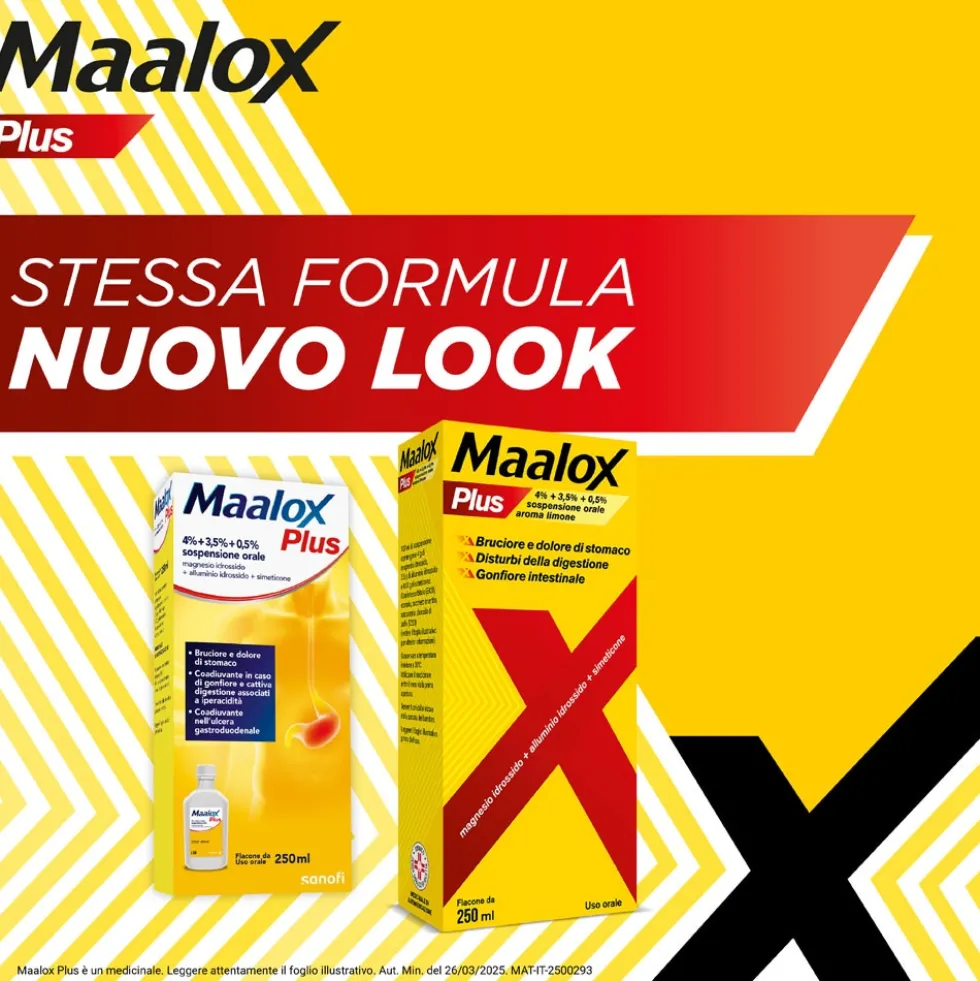Maalox Plus 4% + 3,5% + 0,5% Sospensione Orale Aroma Limone Trattamento Iperacidità Bruciore e Dolore Gastro-Intestinale, 250ml