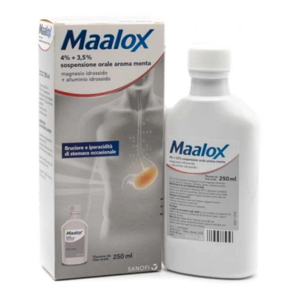 Maalox 4% + 3,5% Sospensione Orale Aroma Menta Trattamento Bruciore e Iperacidità, 250ml