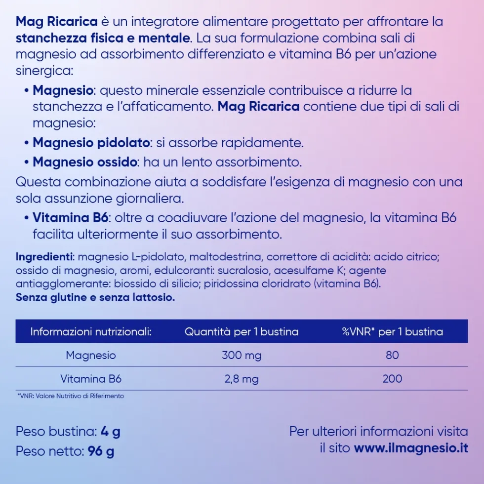 Mag Ricarica Integratore Stanchezza Fisica e Mentale, 24 Bustine