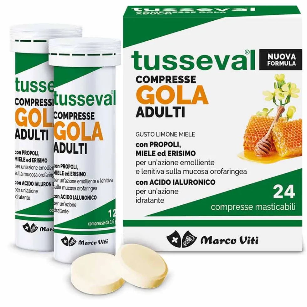 Marco Viti Tusseval Gola Adulti - Integratore lenitivo per la gola, 24 compresse masticabili