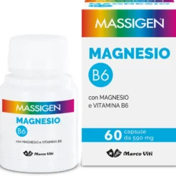Massigen Magnesio B6 Gusto Limone - Integratore alimentare per sistema nervoso e muscoli, 60 capsule