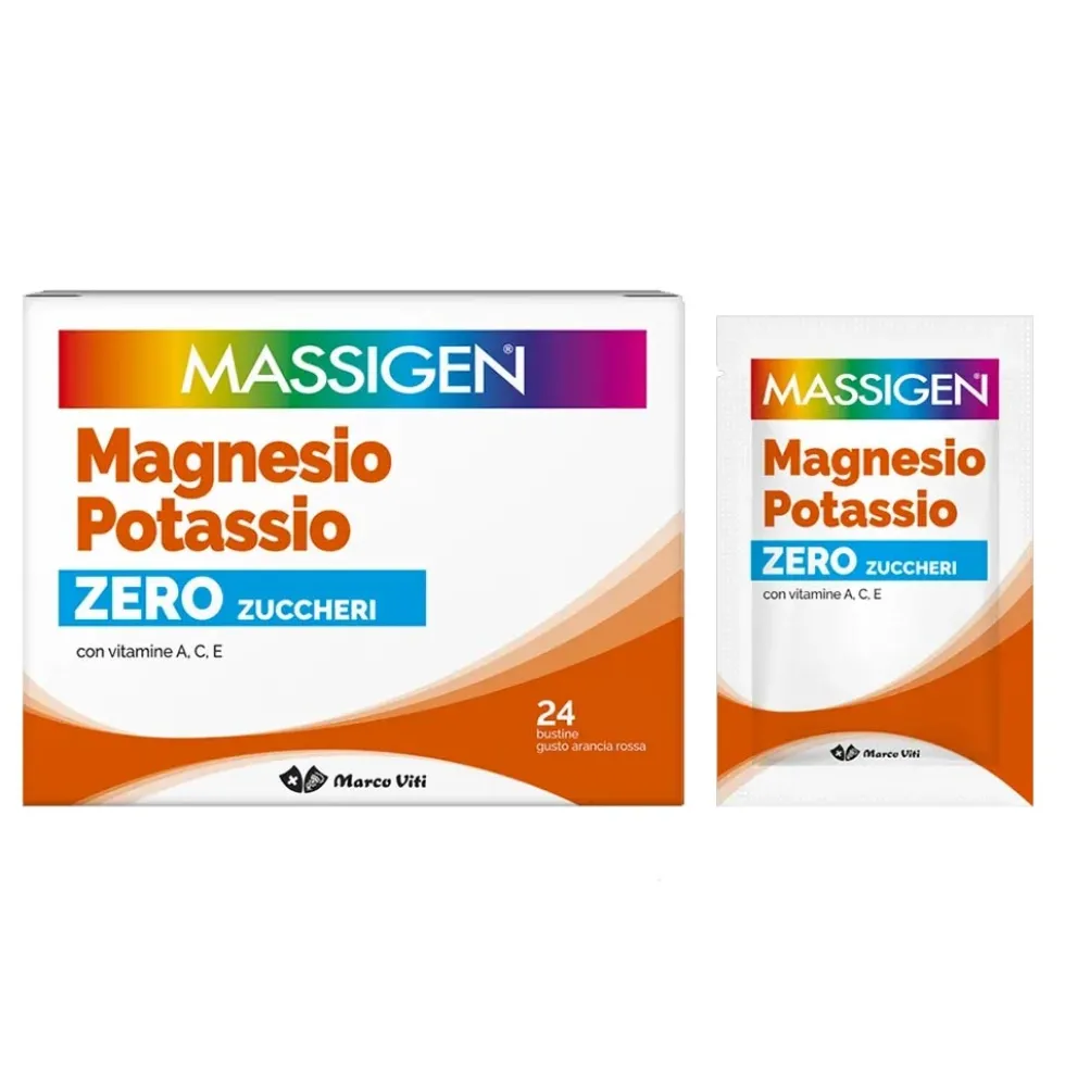 Massigen Magnesio e Potassio Zero Zuccheri - Integratore per stanchezza e affaticamento, 24 bustine