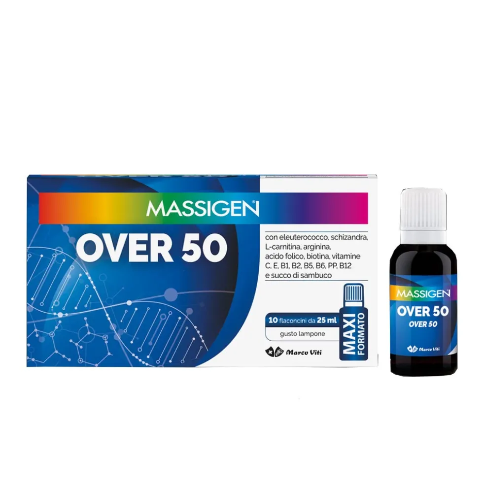 Massigen Over 50 - Integratore tonico energetico per la stanchezza, 10 flaconcini da 25 ml