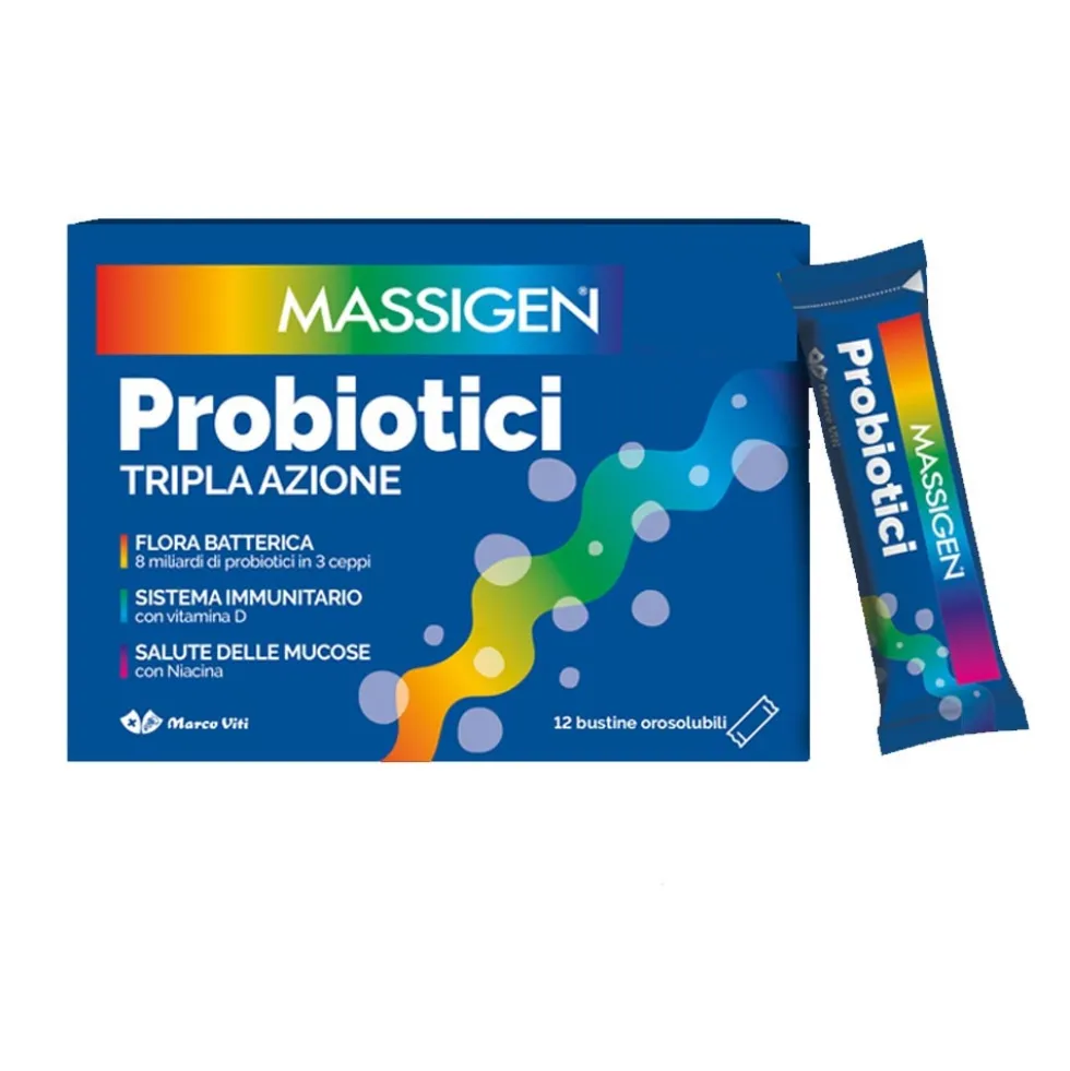 Massigen Probiotici Tripla Azione - Integratore per la flora intestinale, 12 bustine