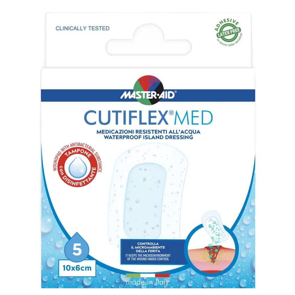 Master-Aid Cutiflex Med - Medicazione autoadesiva impermeabile per le ferite 10x6 cm, 5 cerotti