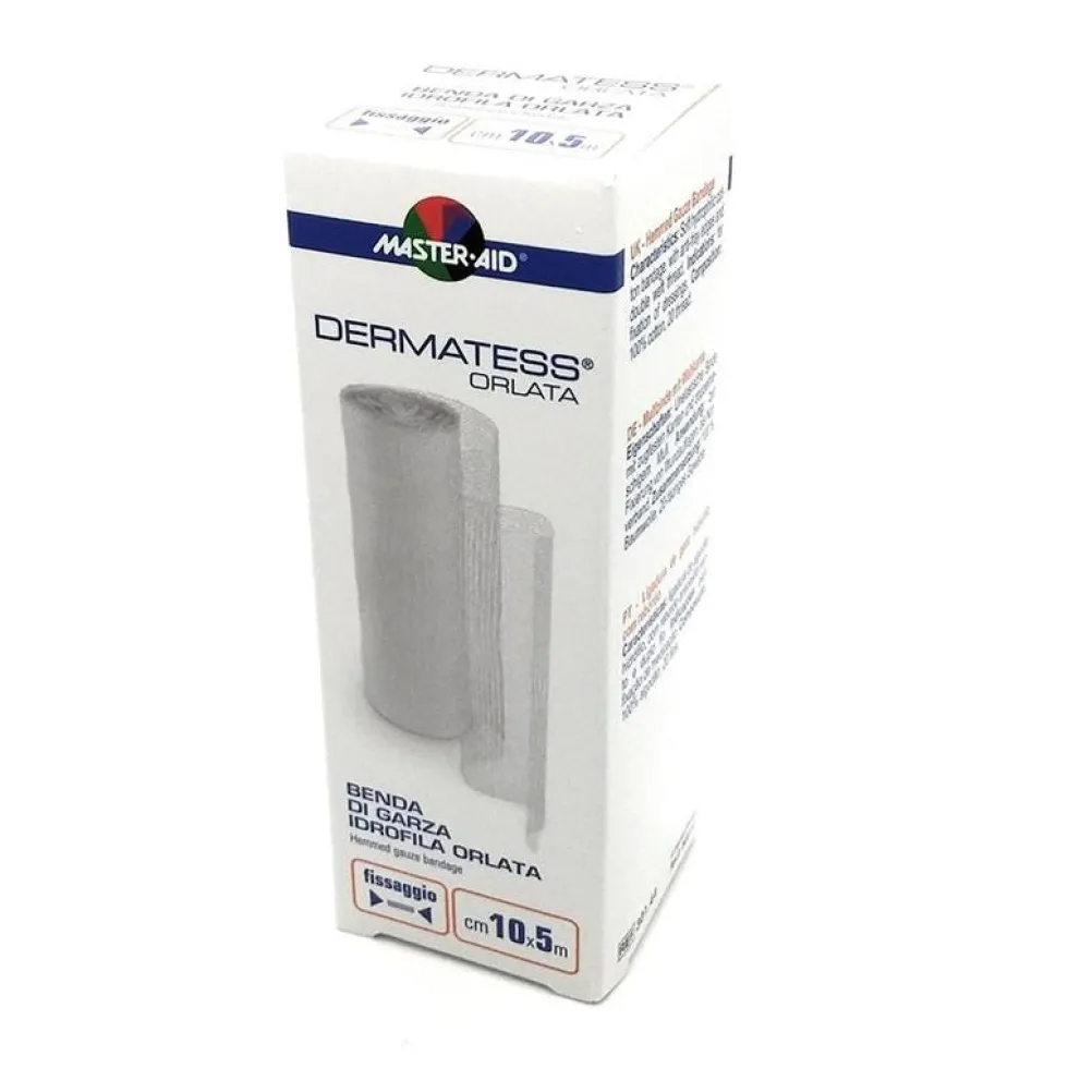 Master-Aid Dermatess - Benda di garza idrofila orlata per fissare medicazioni 10 cm x 5 m, 1 pezzo