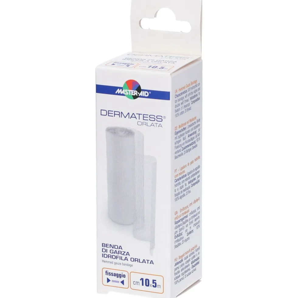 Master-Aid Dermatess - Benda di garza idrofila orlata per fissare medicazioni 10 cm x 5 m, 1 pezzo