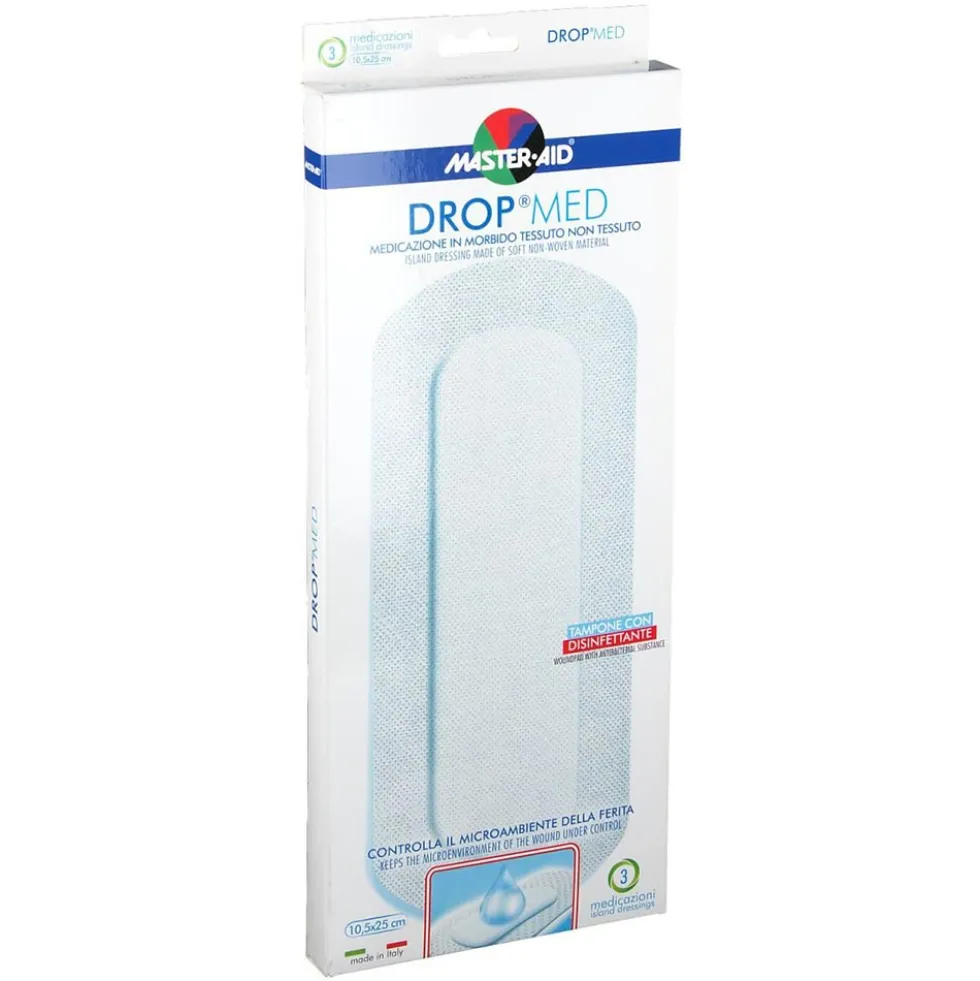 Master-Aid Drop Med - Medicazione in TNT Autoadesiva 10.5 x 25 cm, 3 Medicazioni