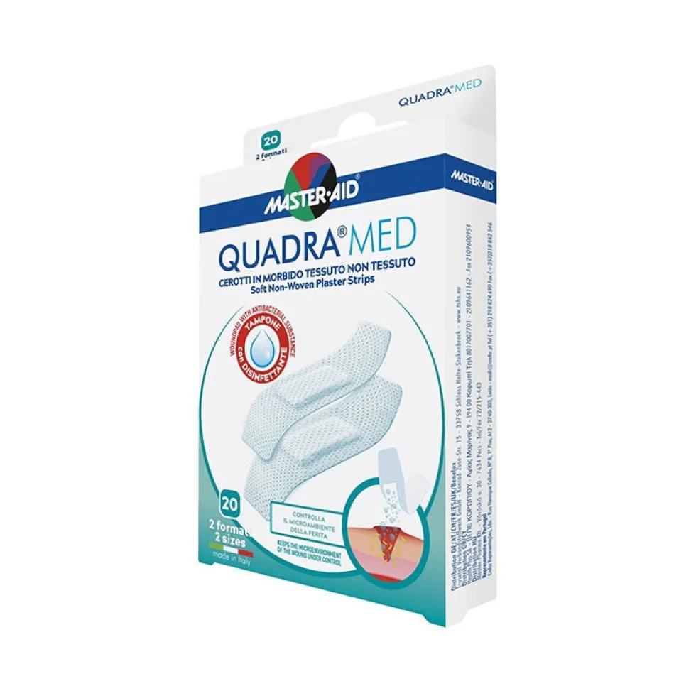 Master-Aid Quadra Med - Cerotti in TNT con tampone disinfettante per le ferite, 20 cerotti