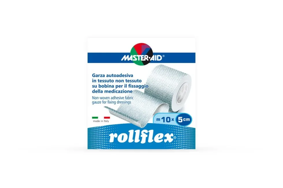 Master-Aid Rollflex - Garza adesiva per il fissaggio su pelli sensibili rotolo da 10m x 5cm, 1 rotolo