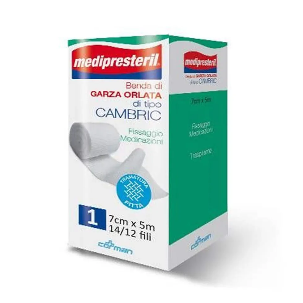 Medipresteril Benda di Garza Orlata Tipo Cambric Misura 7 cm x 5 m, 1 Pezzo
