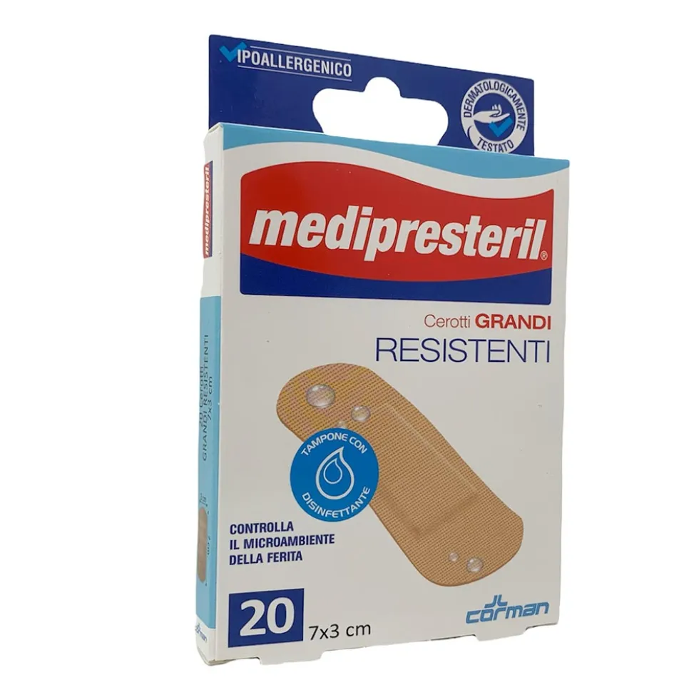 Medipresteril Cerotti grandi resistenti - Cerotti disinfettanti per le ferite, 20 cerotti da 7x3 cm