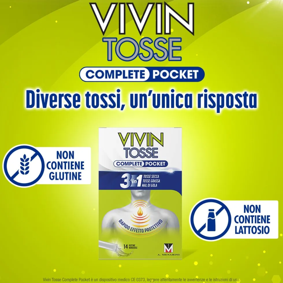 Menarini Vivin Tosse Complete 3in1 Pocket Tosse Secca Grassa Mal di Gola, 14 Stickpack