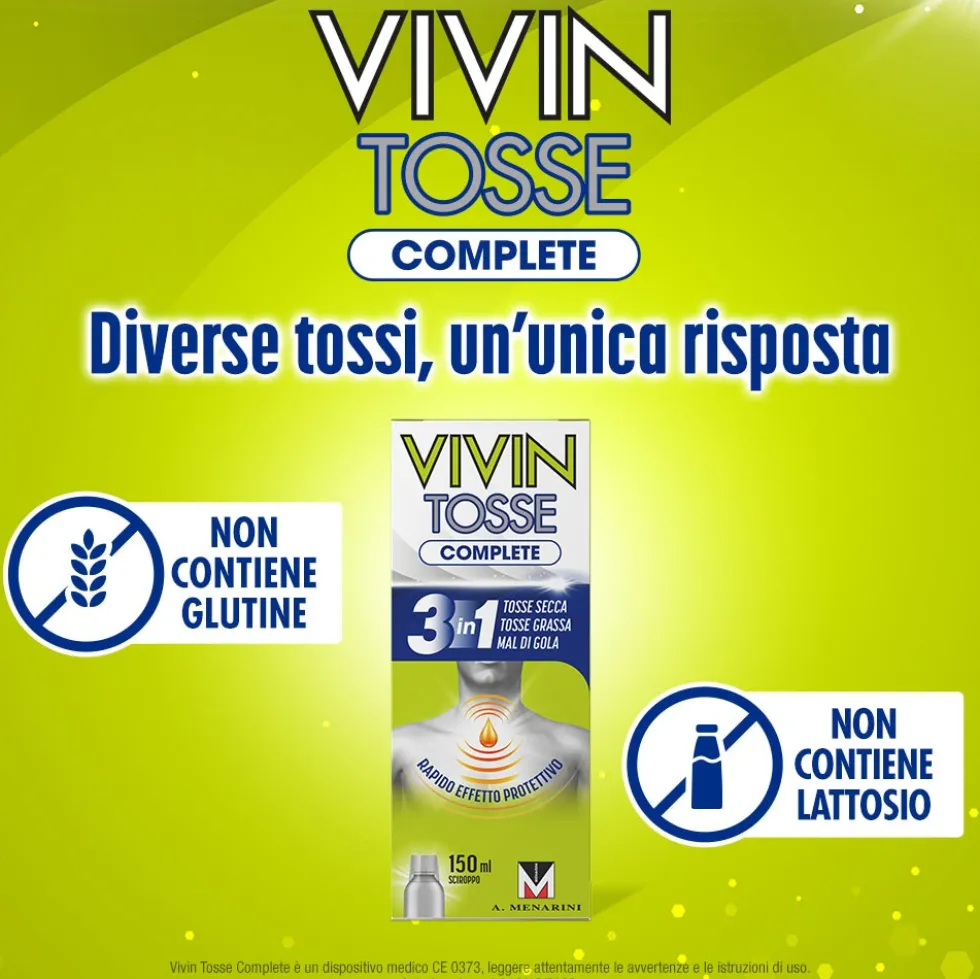 Menarini Vivin Tosse Complete 3in1 Tosse Secca Grassa Mal di Gola Sciroppo, 150ml