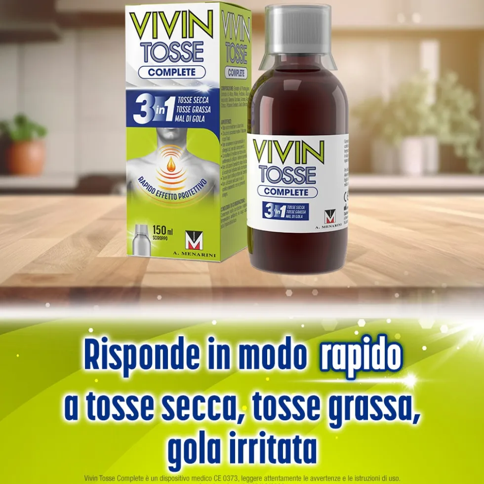 Menarini Vivin Tosse Complete 3in1 Tosse Secca Grassa Mal di Gola Sciroppo, 150ml