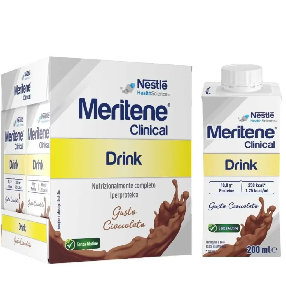 Meritene Clinical Drink al cioccolato - Bevanda iperproteica per il recupero, 4 bottiglie da 200 ml