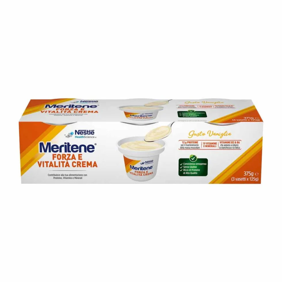 Meritene Forza e Vitalità - Crema proteica alla vaniglia per la stanchezza, 3 vasetti da 125 g