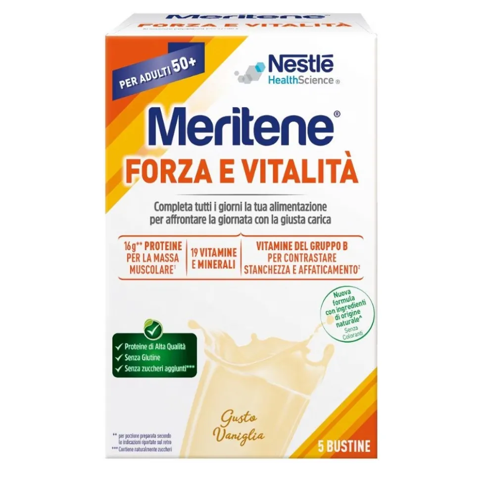 Meritene Forza & Vitalità - Alimento con Proteine Vitamine e Minerali gusto Vaniglia, 5 bustine