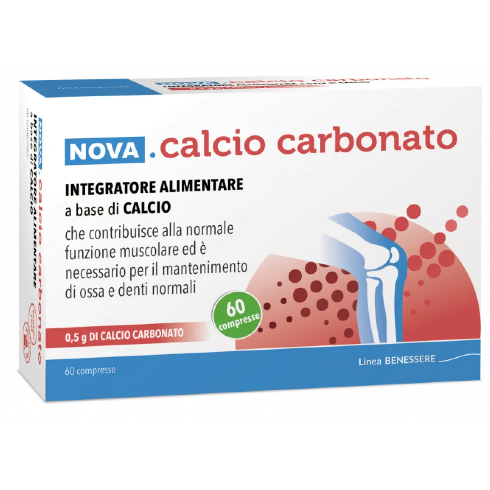 Nova Argentia Calcio carbonato - Integratore alimentare per le ossa e i muscoli, 60 compresse