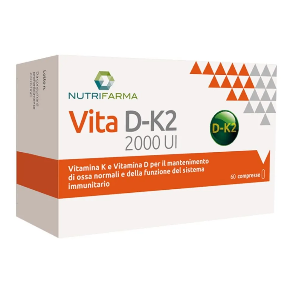 Nutrifarma Vita D-K2 2000 UI - Integratore per il sistema immunitario e le ossa, 60 compresse