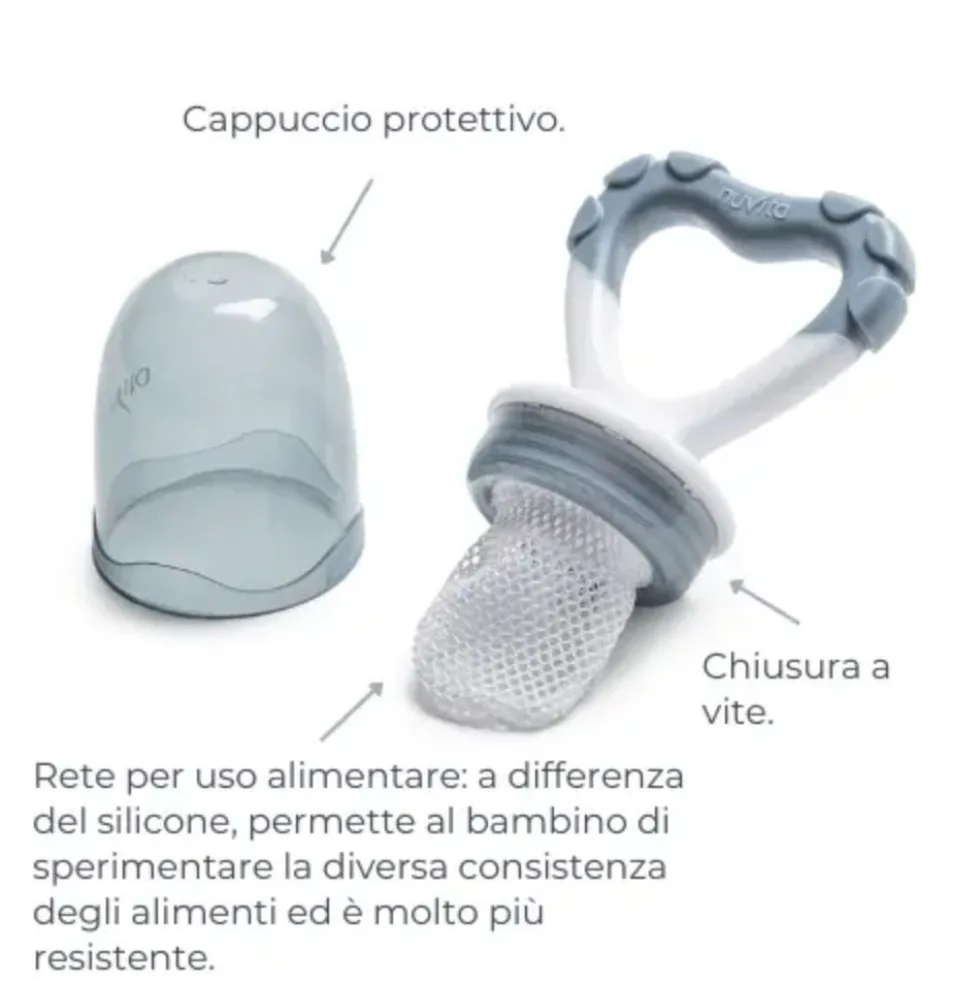 Nuvita Flavorillo Mangia Frutta e Massaggiagengive 2 in 1 Colore Grigio, 1 Pezzo
