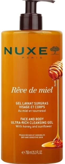 Nuxe Rêve de Miel Gel detergente nutriente per la pelle secca del viso e del corpo, 750 ml