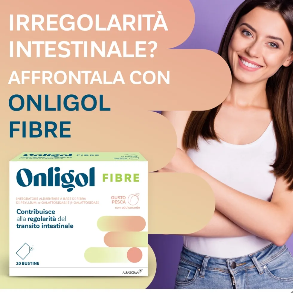 Onligol Fibre Integratore Transito Intestinale gusto Pesca, 20 Bustine