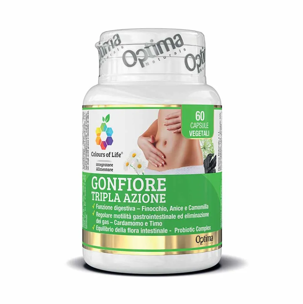 Optima Naturals Colours of Life Gonfiore Tripla Azione - Integratore gonfiore addominale, 60 capsule