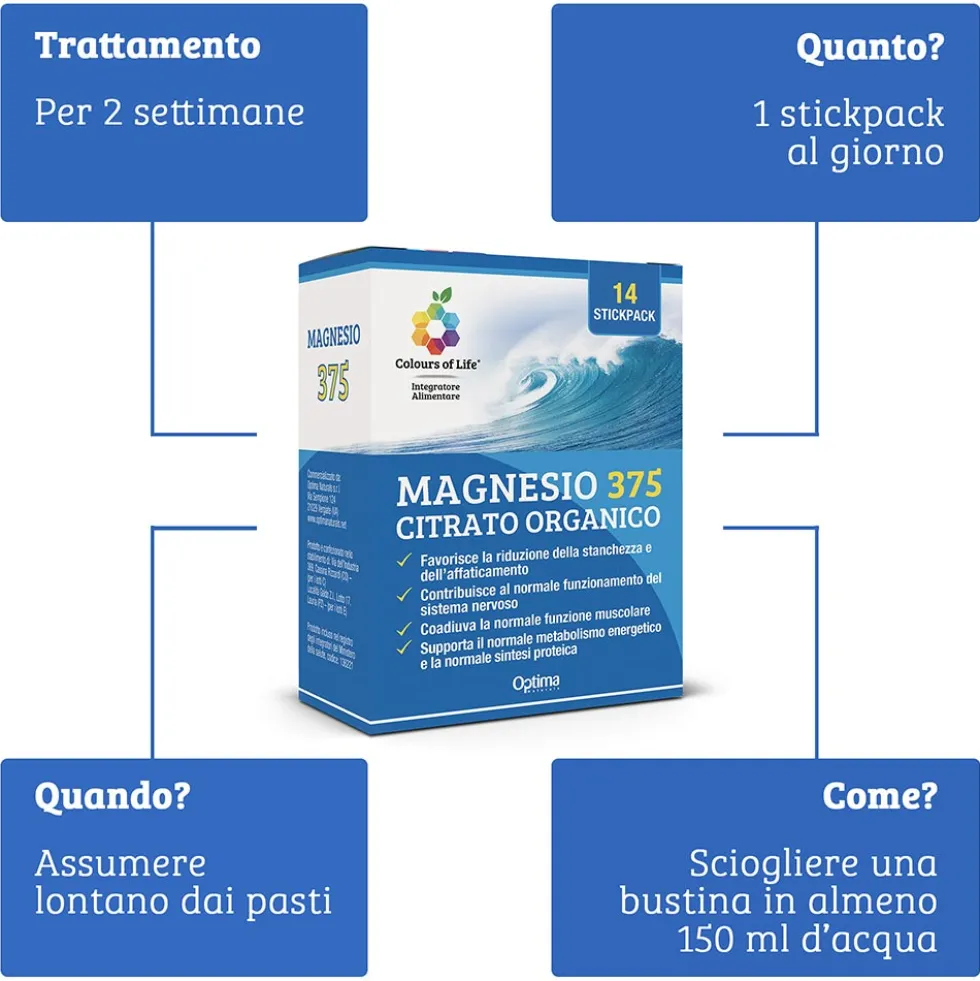 Optima Naturals Colours Of Life - Magnesio 375 Citrato Organico, 14 Stick