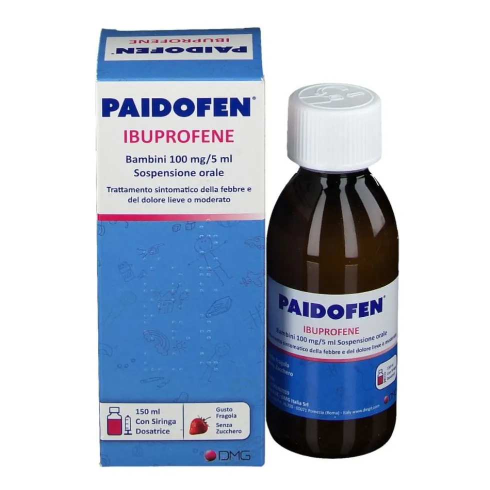 Paidofen Bambini Ibuprofene 100 mg/5ml Sospensione Orale Gusto Fragola Senza Zucchero, 150ml