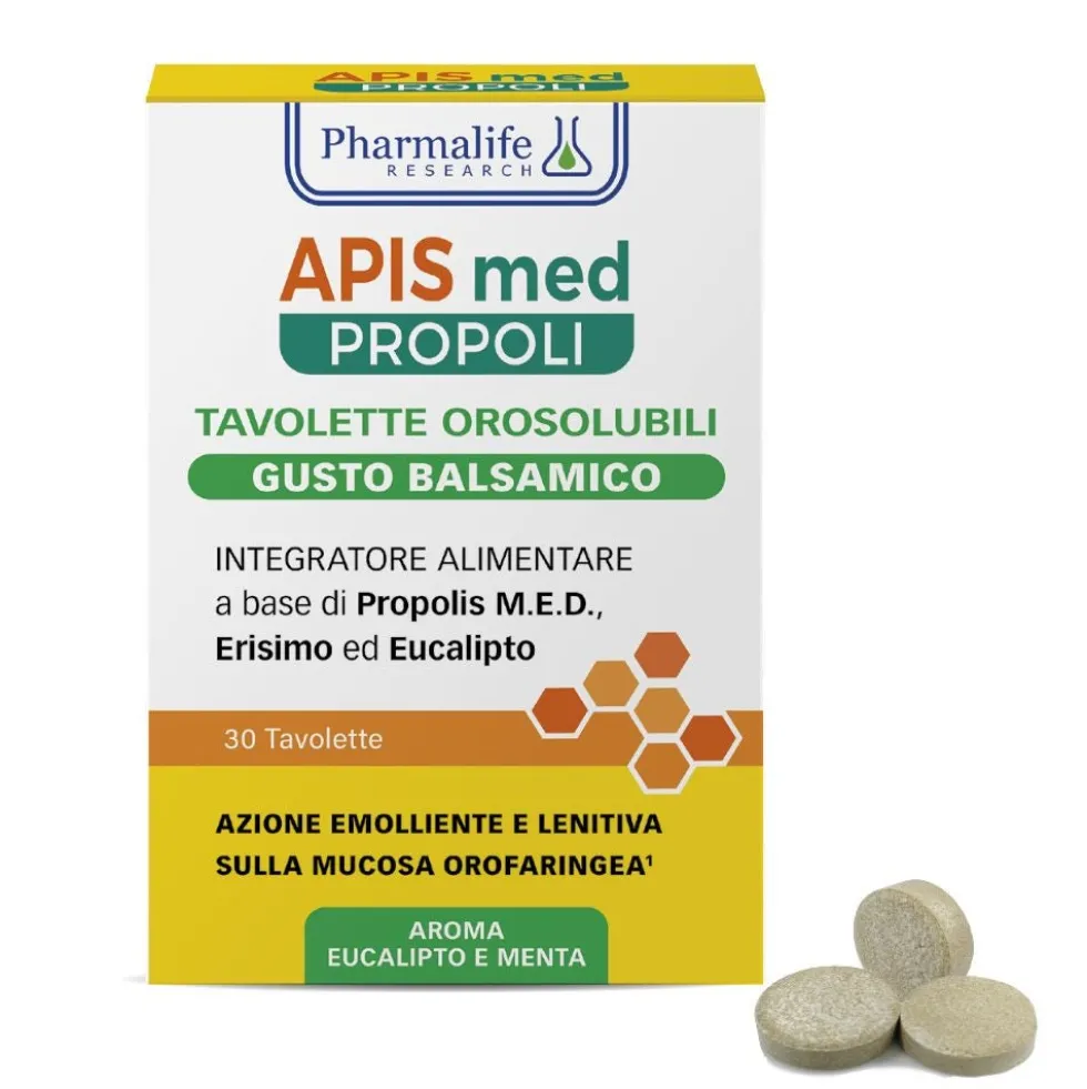 Pharmalife Research APIS med Propoli - Integratore Alimentare Vie Respiratorie gusto Balsamico, 30 Tavolette Orosolubili