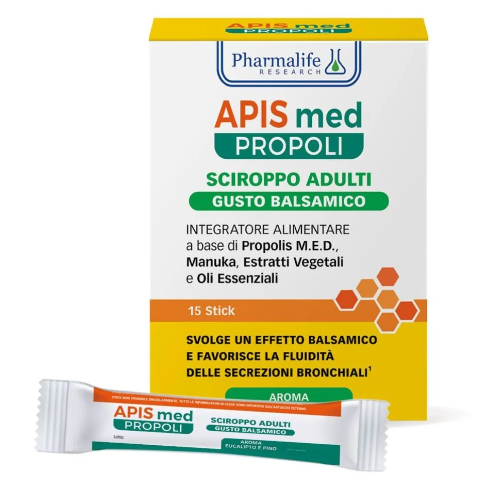 Pharmalife Research APIS med Propoli - Sciroppo Adulti Balsamico Integratore Secrezioni Bronchiali, 15 stick