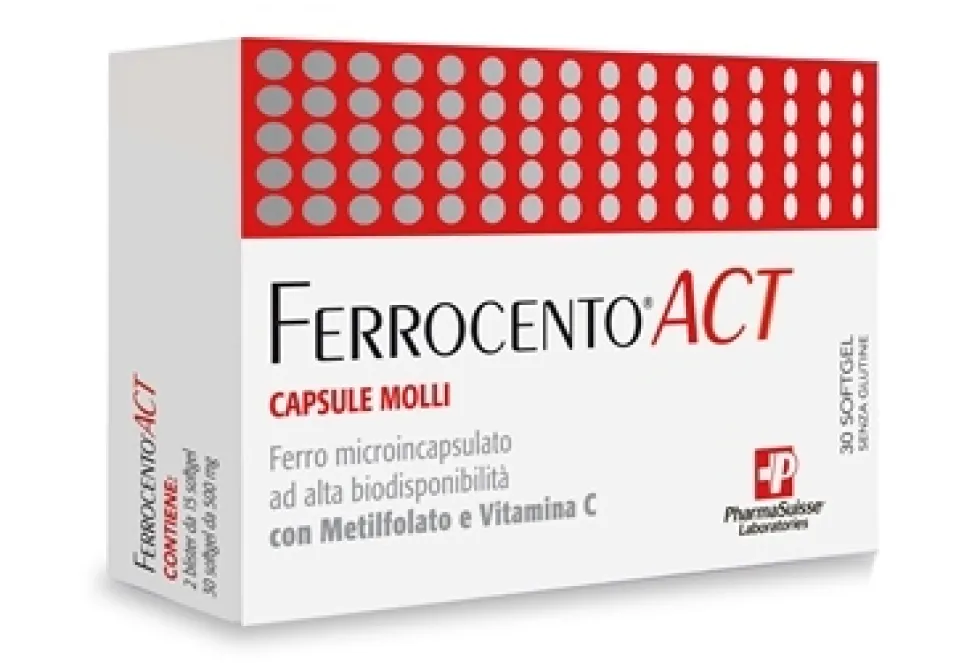 Pharmasuisse Laboratories Ferrocento Act 30 capsule - Integratore di ferro e acido folico, 21,9 g