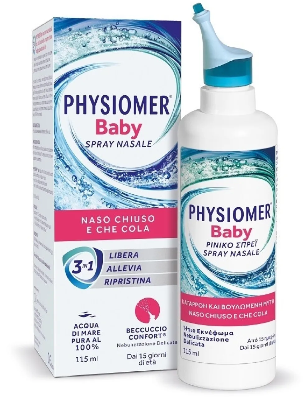 Physiomer Baby spray nasale - Acqua di mare isotonica per l'igiene nasale dei bambini, 115 ml