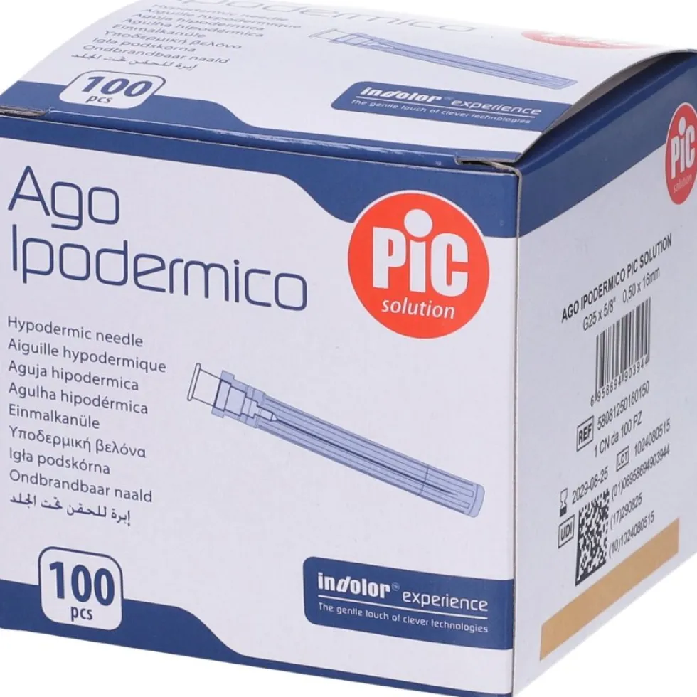 Pic Ago Ipodermico G25 5/8 - Ago ipodermico sterile monouso per iniezioni sottocutanee, 100 aghi