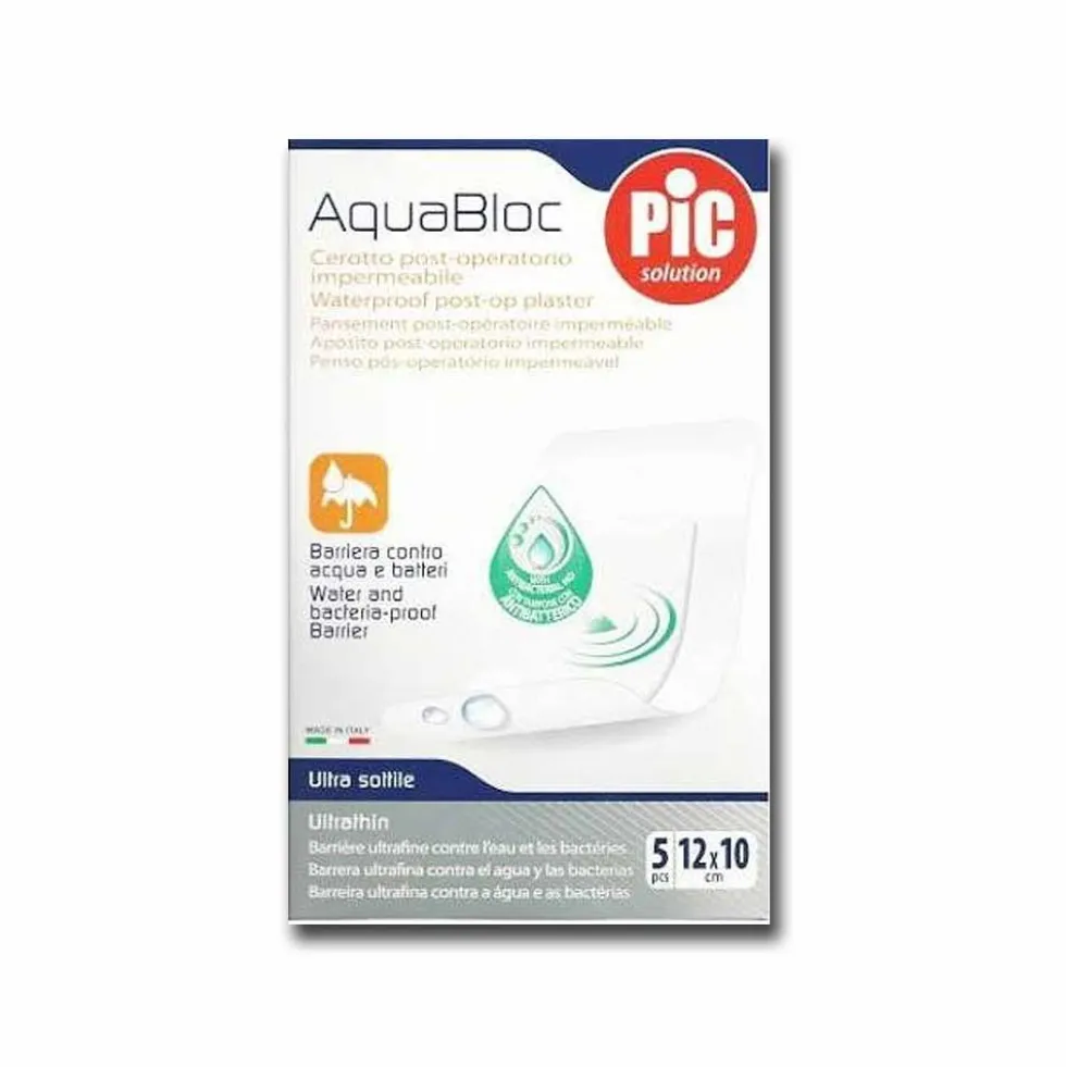 Pic Aquabloc - Cerotto sterile antibatterico e impermeabile per le ferite, 5 pezzi da 12x10 cm