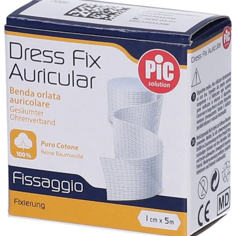 Pic Dress Fix Auricolar - Benda orlata cotone per medicazioni auricolari, 1 pezzo da 1 cm x 5 m