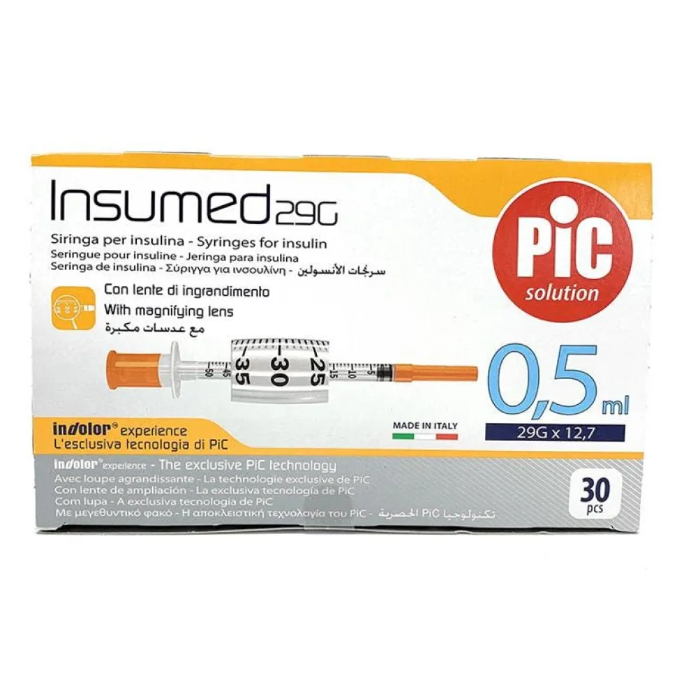 Pic Insumed - Siringhe per l'iniezione di insulina con ago 29G x 12,7 mm, 30 pezzi da 0,5 ml