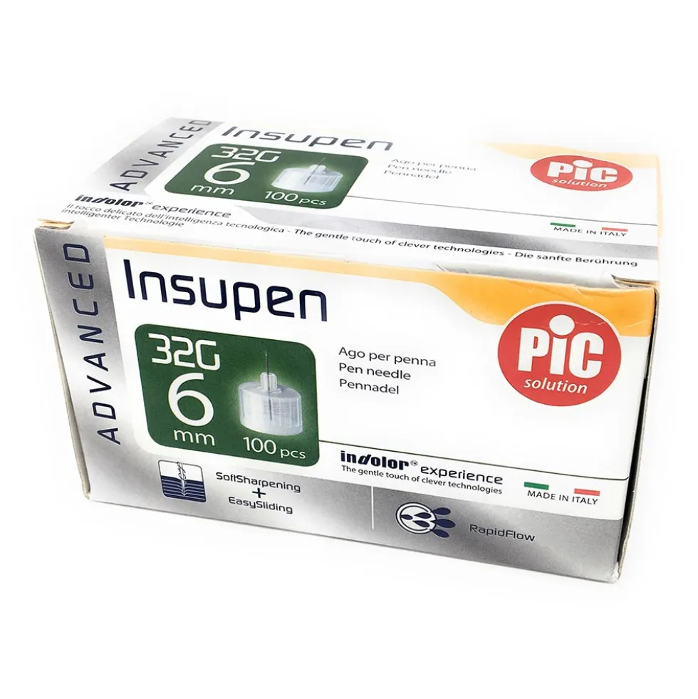 Pic Insupen Advanced 32G 6 mm - Aghi per penna da insulina per iniezioni indolori, 100 pezzi