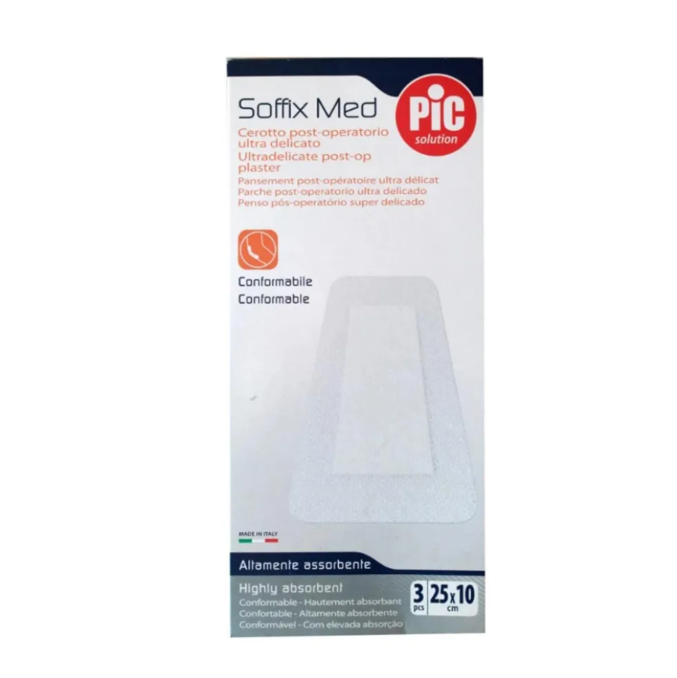 Pic Soffix Med - Cerotto antibatterico per le ferite chirurgiche, 3 cerotti da 25x10 cm