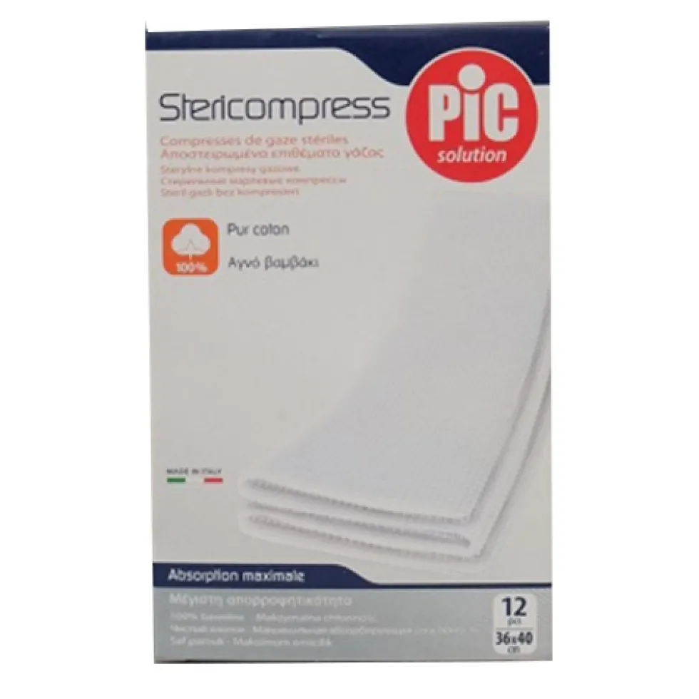 Pic Stericompress - Compresse di garza sterile per la medicazione, 12 pezzi da 36x40 cm