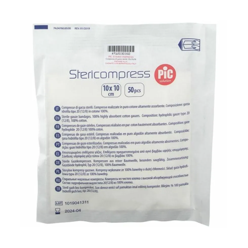 Pic Stericompress - Garza compressa sterile per medicare le ferite, 50 compresse da 10x10 cm