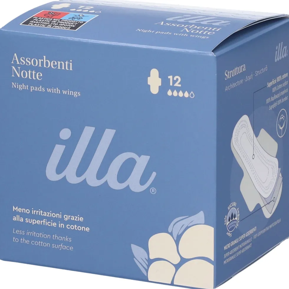 Pietrasanta Assorbenti notte Illa Care - Assorbenti in cotone per il flusso abbondante, 12 pezzi