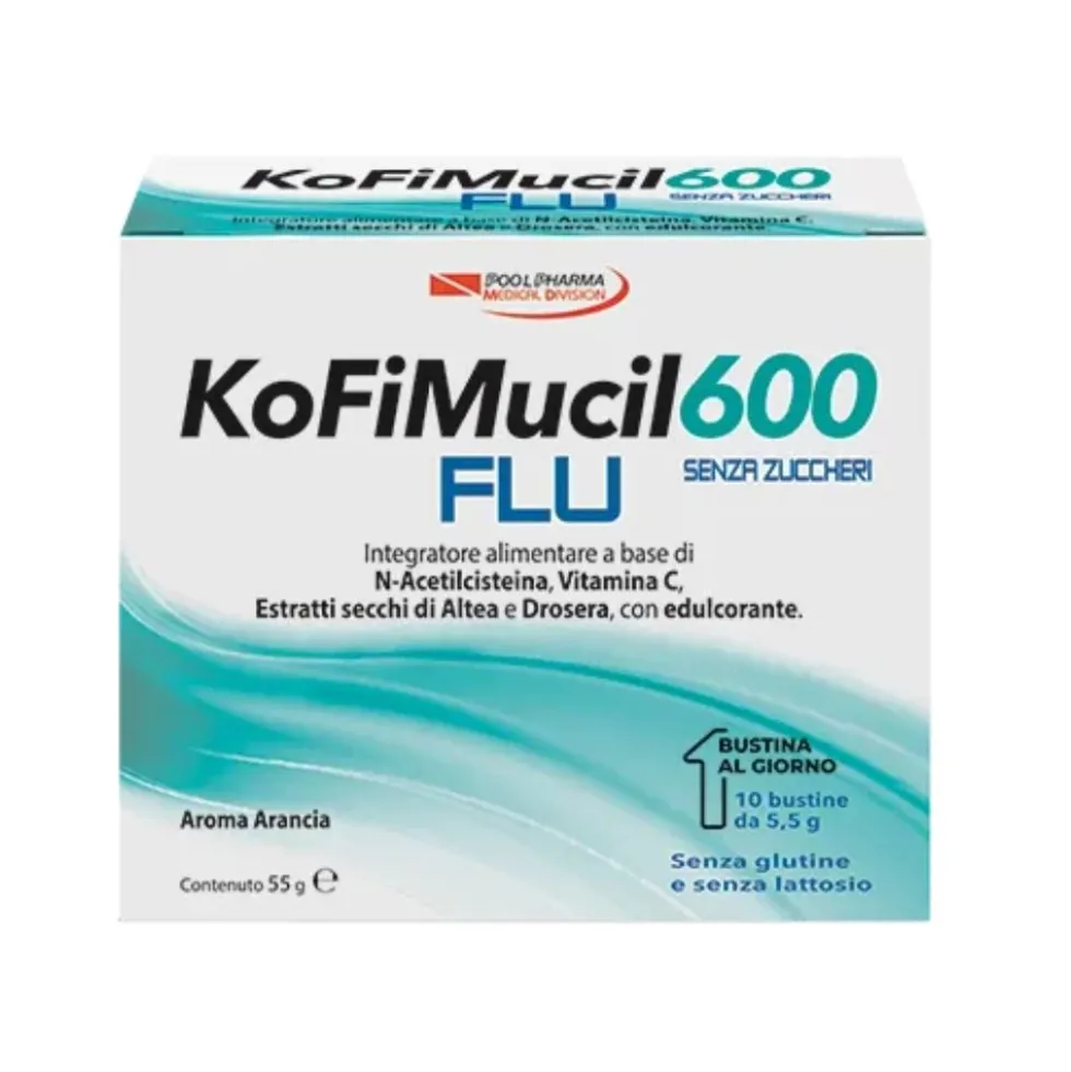 Pool Pharma KoFiMucil 600 Flu Integratore Tosse e Raffreddore gusto Arancia, 10 bustine