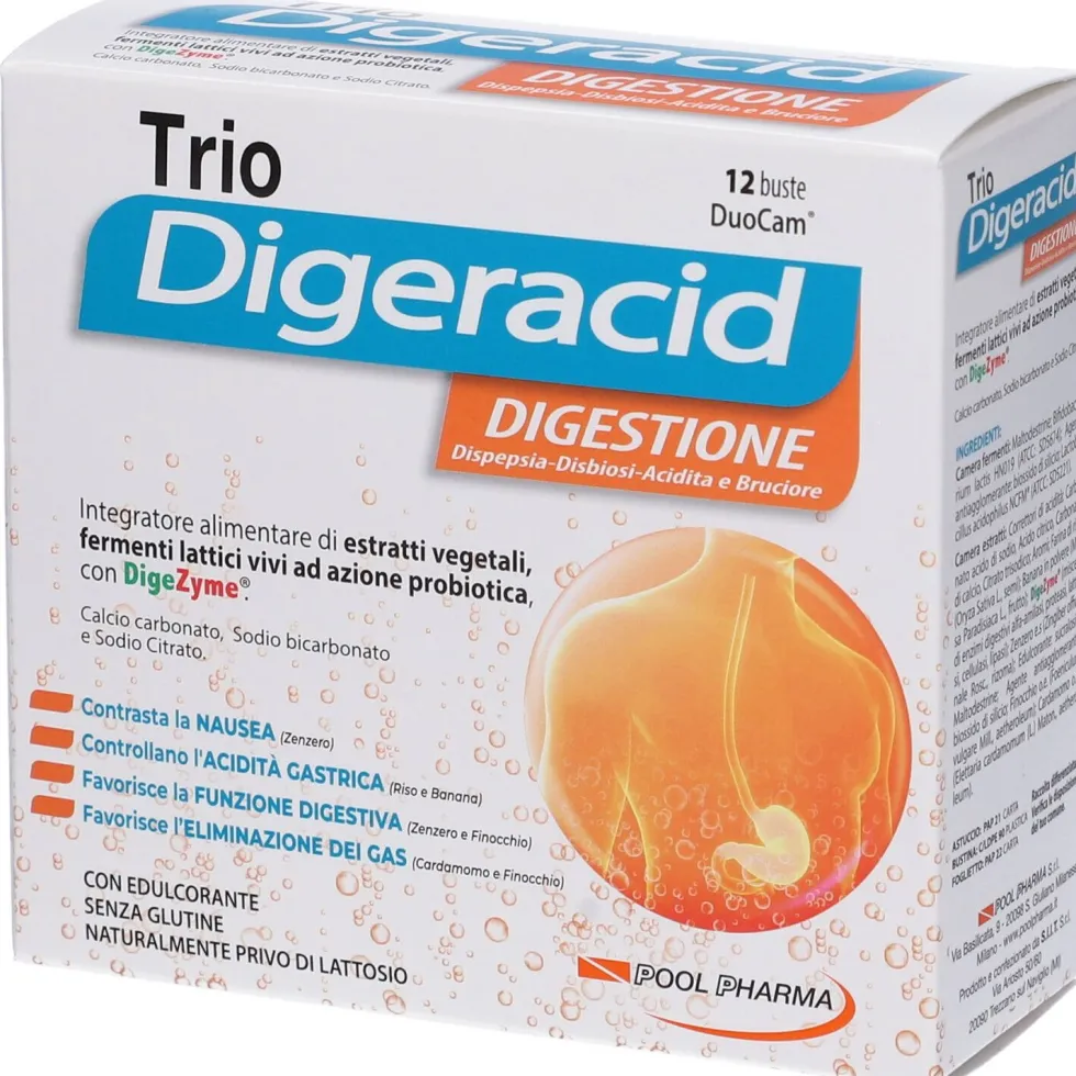 Pool Pharma Trio Digeracid - integratore digestivo contro l'acidità e i gas, 12 bustine