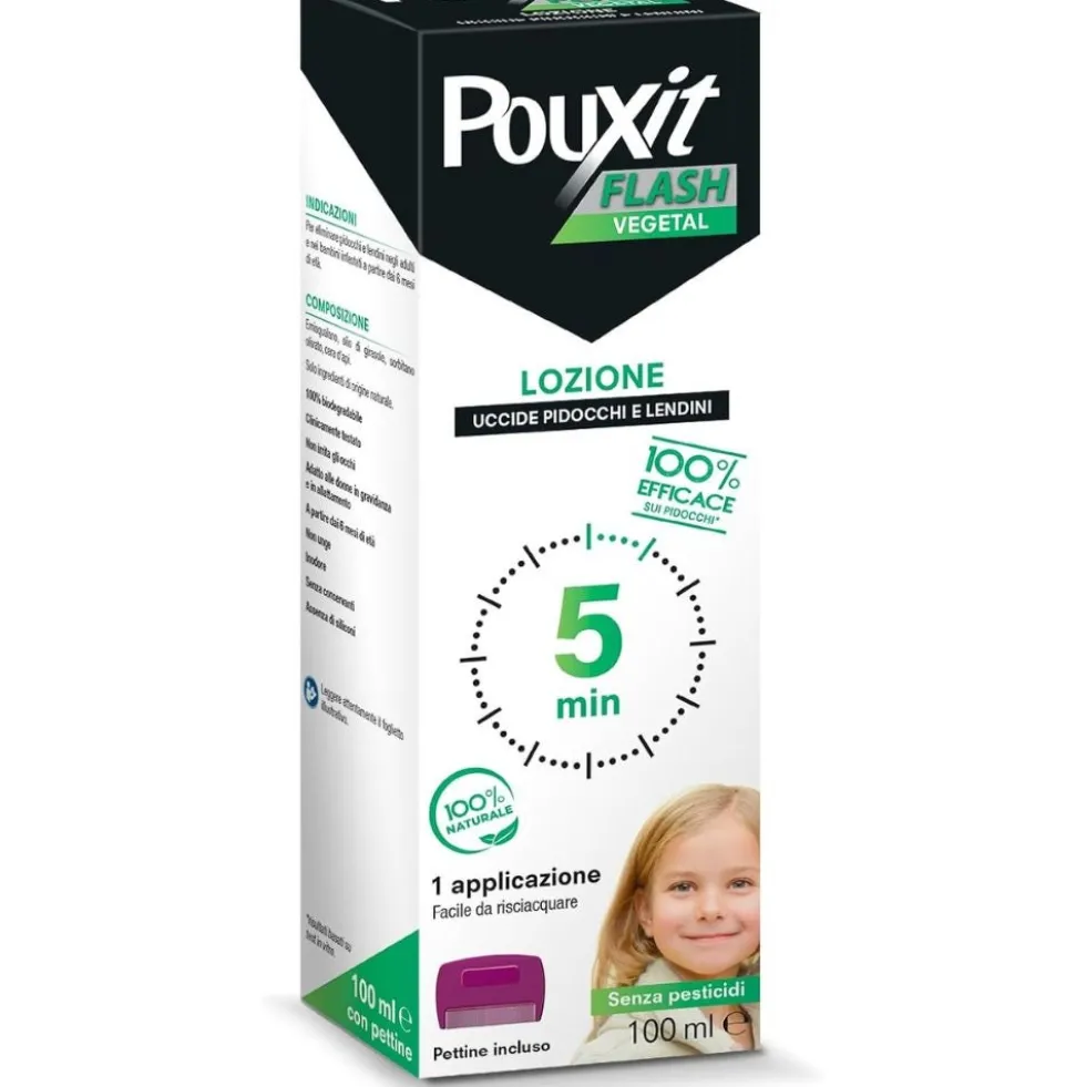 Pouxit Flash Vegetal - Lozione contro i pidocchi e le lendini, flacone da 100 ml con pettine