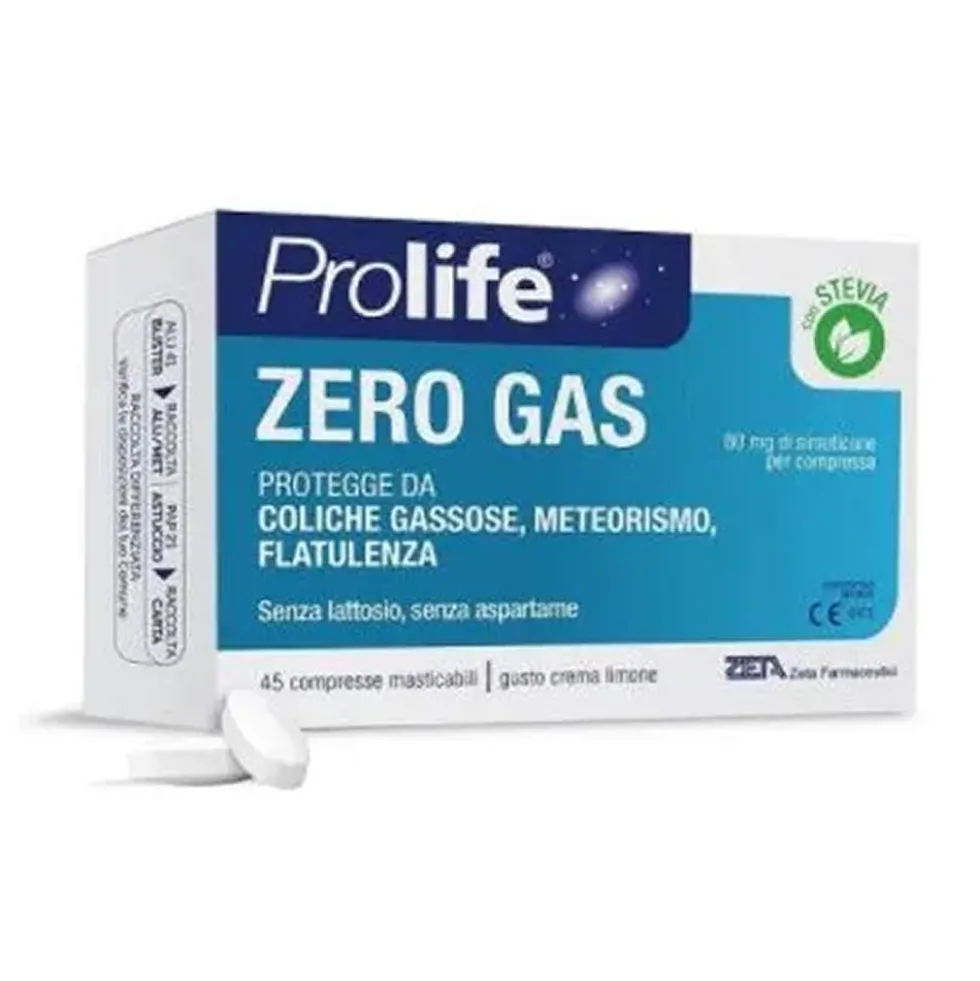 Prolife Zero Gas - Compresse masticabili per flatulenza e gonfiore addominale, 45 compresse