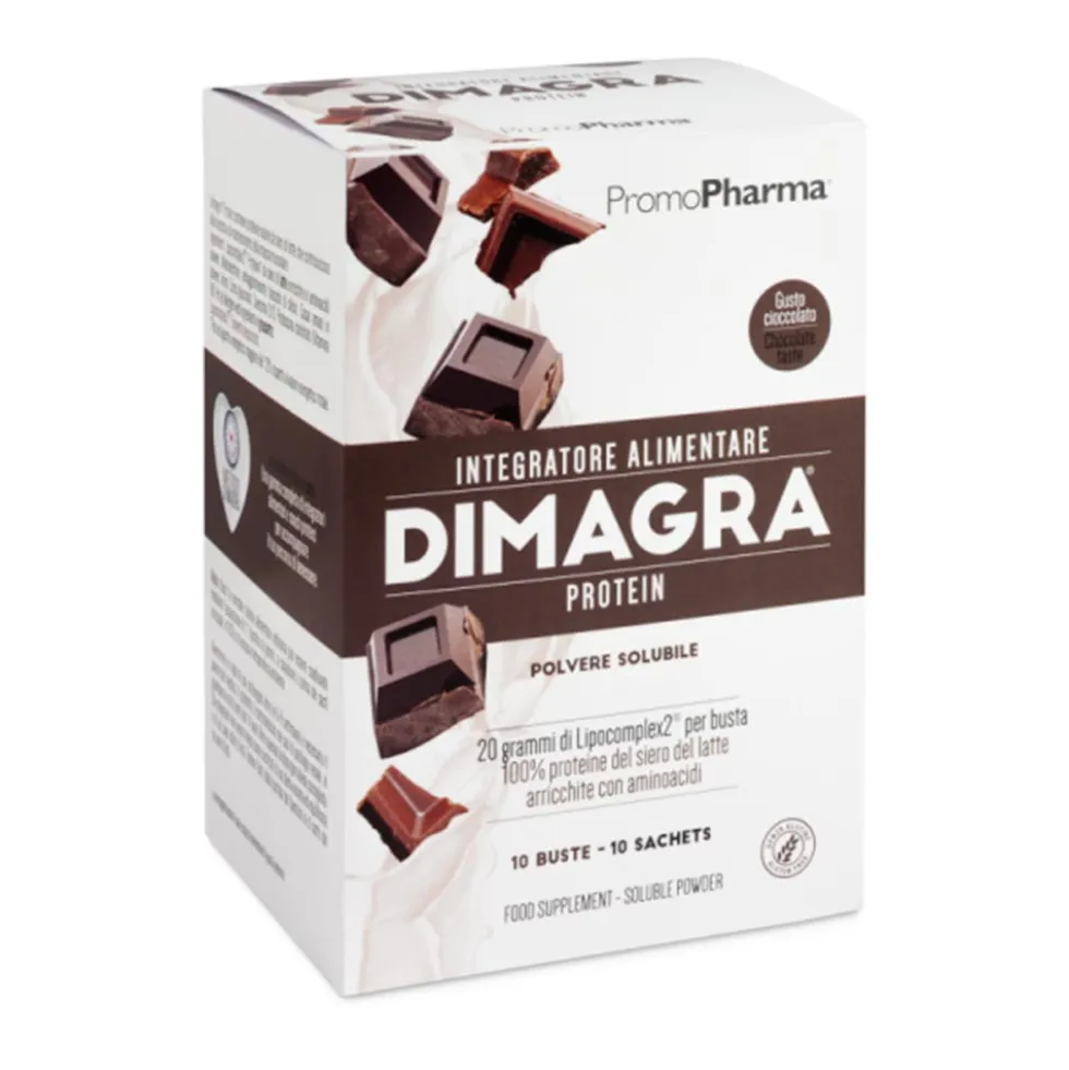 Promopharma Dimagra Protein - Integratore proteico al cioccolato per la massa muscolare, 10 buste
